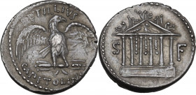 Petillius Capitolinus. AR Denarius, Rome mint, 43 BC. Obv. Eagle on thunderbolt right, with open wings; above, PETILLIVS; below, CAPITOLINVS. Rev. Hex...