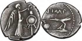 Mark Antony. AR Quinarius, unknown mint in Gallia Transalpina or Cisalpina, 43-42 BC. Obv. [Lituus], jug and raven; above, [M·AN]T·IMP. Rev. Victoria ...