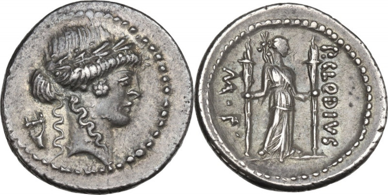 P. Clodius M.f. Turrinus. AR Denarius, 42 BC. Obv. Laureate head of Apollo right...