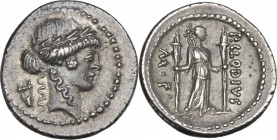 P. Clodius M.f. Turrinus. AR Denarius, 42 BC. Obv. Laureate head of Apollo right; behind, lyre. Rev. P. CLODIVS - M.F. Diana standing right, with bow ...
