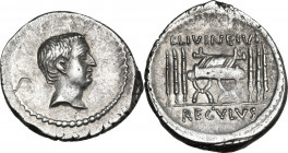 L. Livineius Regulus. AR Denarius, 42 BC. Obv. The head of the praetor L. Livineius Regulus right. Rev. Curule chair; on either side, three fasces; ab...