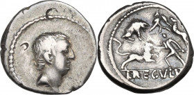L. Livineius Regulus. AR Denarius, Rome mint, 42 BC. Obv. Head of L. Livineius Regulus right; on the left, REGVLVS; on the right, PR. Rev. Combat of b...