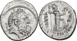Repubblica Romana. C. Vibius Varus. AR Denarius, Rome mint, 42 BC. Obv. Bearded and laureate head of Hercules right. Rev. Minerva standing right, hold...