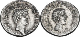 The Triumvirs. Mark Antony and Octavian. AR Denarius. Spring-early summer 41 BC. Ephesus mint; M. Barbatius Pollio, quaestor pro praetore. Obv. M. ANT...