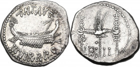 Mark Antony. AR Denarius, mint moving with Marcus Antonius, 32-31 BC. Obv. Praetorian galley right; above, ANT·AVG; below, III·VIR·R·P·C. Rev. Legiona...