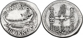 Mark Antony. AR Denarius, 32-31 BC. Obv. ANT. AVG.III. VIR. R.P.C. Praetorian galley right. Rev. LEG XVI. Legionary eagle between two standards. Cr. 5...