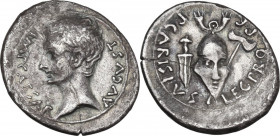 Augustus (27 BC - 14 AD) . P. Carisius moneyer. AR Denarius, Emerita mint, c. 25-23 BC. Obv. IMP CAESAR – AVGVST. Bare head right. Rev. P CARISIVS LEG...