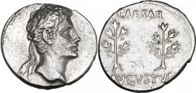 Augustus (27 BC - 14 AD) . AR Denarius, uncertain Spanish mint (Colonia Caesaraugusta?), 19-18 BC. Obv. Laureate head right. Rev. Two laurel branches ...