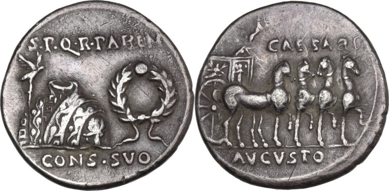 Augustus (27 BC - 14 AD). AR Denarius, Spanish (Colonia Patricia?) mint, 18 BC. ...