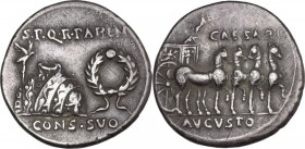 Augustus (27 BC - 14 AD). AR Denarius, Spanish (Colonia Patricia?) mint, 18 BC. Obv. Toga picta over tunica palmata between aquila and wreath; SPQR PA...
