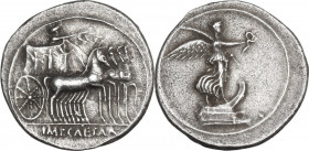 Augustus (27 BC - 14 AD) . AR Denarius, Italian (Rome?) mint. Obv. Victory, draped, standing right on prow, holding palm frond over left shoulder in l...