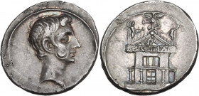 Augustus (27 B.C - 14 AD). AR Denarius, Italian (Rome?) mint., 29-27 BC. Obv. Bare head right. Rev. Facade of the Roman Curia with a tetrastyle porch;...