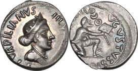 Augustus (27 BC - 14 AD) . AR Denarius, P. Petronius Turpilianus, moneyer, Rome mint. Obv. TVRPILIANVS III [VIR] / F[ERON] Diademed and draped bust of...