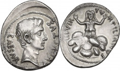 Augustus (27 BC - 14 A.D.). AR Denarius, c. 19 BC. P. Petronius Turpilianus, moneyer. Obv. CAESAR AVGVSTVS. Bare head right. Rev. TVRPILIANVS III VIR....