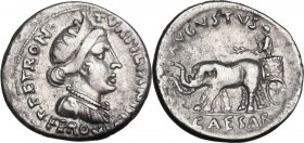 Augustus (27 BC - 14 AD) . AR Denarius, Rome mint, P. Petronius Turpilianus moneyer. Obv. P. PETRON. TVRPILIAN III. VIR. FERO. Diademed and draped bus...