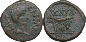 Augustus (27 BC - 14 AD) . AE 26.5 mm. 20-12 BC Cyrene mint, Cyrenaica. Scato, proconsul. Obv. Bare head of Augustus right. Rev. Sella castrensis with...