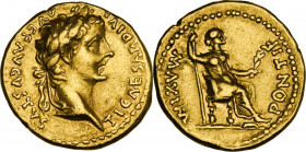 Tiberius (14-37). AV Aureus, Lugdunum mint,“Tribute Penny” type, 18-35 AD. Obv. TI CAESAR DIVI AVG F AVGVSTVS. Laureate head right. Rev. PONTIF MΛXIM....
