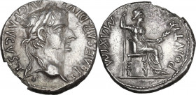 Tiberius (14-37). AR Denarius 'Tribute Penny' type. Lugdunum mint, 36-37 AD. Obv. TI CAESAR DIVI AVG F AVGVSTVS. Laureate head right. Rev. PONTIF MΛXI...