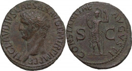 Claudius (41-54). AE As, Rome mint, 50-54 AD. Obv. TI CLAVDIVS CAESAR AVG PM TR P IMP PP. Bare head left. Rev. CONSTANTIAE AVGVSTI SC. Constantia, hel...
