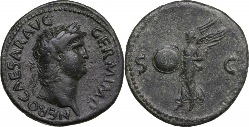 Nero (54-68). AE As, Rome mint. Obv. NERO CAESAR AVG GERM IMP. Laureate head rig...