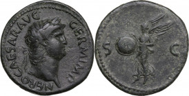 Nero (54-68). AE As, Rome mint. Obv. NERO CAESAR AVG GERM IMP. Laureate head right. Rev. SC. Victory flying left, holding shield inscribed SPQR. RIC I...