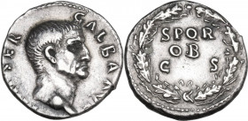 Galba (68-69). AR Denarius, Rome mint. Obv. IMP SEV GALBA AVG. Bare head right. Rev. SPQR/OB/C - S in oak-wreath. RIC I (2nd ed.) 167. AR. 3.50 g. 17....