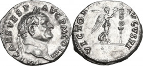 Vespasian (69 -79). AR Denarius, Judaea Capta issue. Rome mint, 72-73 AD. Obv. IMP CAES VESP AVG P M COS IIII. Laureate head right. Rev. VICTORIA AVGV...