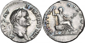 Vespasian (69-79). AR Denarius, 73 AD. Obv. IMP CAES VESP AVG CENS. Laureate head right. Rev. PONTIF MAXIM. Vespasian seated right, holding sceptre an...