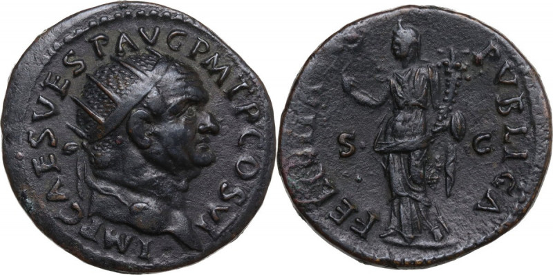 Vespasian (69 -79). AE Dupondius, 75 AD. Obv. IMP CAES VESP AVG PM TR P COS VI. ...