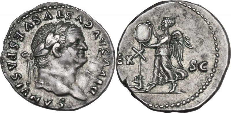 Divus Vespasian (died 79 AD). AR Denarius, struck under Titus, 80-81 AD. Obv. DI...