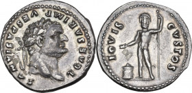 Titus as Caesar (69-79). AR Denarius, 75-79 AD. Obv. T CAESAR IMP VESPASIANVS. Laureate head right. Rev. IOVIS CVSTOS. Jupiter standing left, holding ...