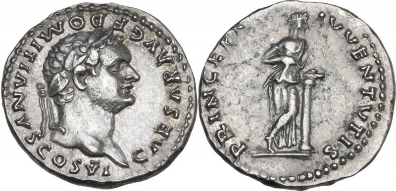 Domitian as Caesar (69-81). AR Denarius, 79 AD. Obv. CAESAR AVG F DOMITIANVS COS...