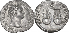 Domitian (81-96). AR Drachm, Lycian League. Obv. Laureate head right. AVT KAIC DOMITIANOC CEBACTOC GEPM. Rev. ETOVC ID - VPATOV IZ. Two lyres; owl abo...