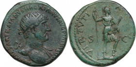 Hadrian (117-138). AE Dupondius, 119-121 AD. Obv. IMP CAESAR TRAIANVS HADRIANVS AVG PM TR P COS III. Radiate bust right, slight drapery on far shoulde...