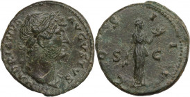 Hadrian (117-138). AE As, Rome mint, 125-128 AD. Obv. HADRIANVS AVGVSTVS. Laureate bust right, with slight drapery on far shoulder. Rev. COS III SC. F...