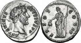 Antoninus Pius (138-161). AR Denarius. Liberalitas issue, 139 AD. Obv. ANTONINVS AVG PIVS PP. Laureate head right. Rev. TR POT COS II. Libertas standi...