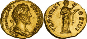 Antoninus Pius (138-161). AV Aureus, 157-158 AD. Obv. ANTONINVS AVG – PIVS P P IMP II. Laureate and draped bust right. Rev. TR POT XXI – C – OS IIII. ...