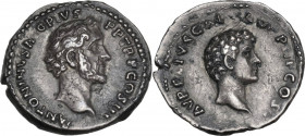 Antoninus Pius (138-161) and Marcus Aurelius Caesar. AR Denarius, Rome mint, 141-143 AD. Obv. ANTONINVS AVG PI-VS P P TR P COS III. Laureate head of A...