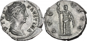Faustina I, wife of Antoninus Pius (died 141 AD). AR Denarius, 141 AD. Obv. DIVA FAVSTINA. Draped bust right. Rev. AVGVSTA. Ceres standing left, holdi...