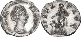 Faustina I, wife of Antoninus Pius (died 141 AD). AR Denarius. Obv. DIVA AVG FAVSTINA. Draped bust right. Rev. PIETAS AVG. Pietas veiled, standing lef...