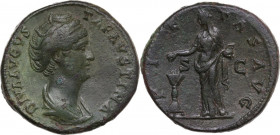 Faustina I, wife of Antoninus Pius (died 141 AD.). AE Sestertius, Rome mint. Obv. DIVA AVGVSTA FAVSTINA. Draped bust right. Rev. PIETAS AVG SC. Pietas...