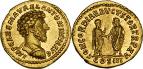 Marcus Aurelius (161-180 AD). AV Aureus, Rome mint, 161 AD. Obv. IMP CAES M AVREL ANTONINVS AVG. Bareheaded and cuirassed bust right. Rev. CONCORDIAE ...