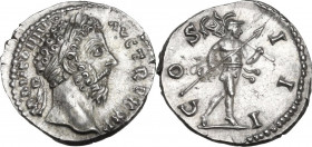 Marcus Aurelius (161-180). AR Denarius, 170-171. Obv. M ANTONINVS AVG TR P XXV. Laureate bust right. Rev. COS III. Mars advancing right, holding spear...