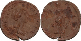 Faustina II, wife of Marcus Aurelius (died 176 AD). AE Sestertius. Struck under Antoninus Pius, 145-146 AD. Obv. FAVSTINAE AVG PII AVG FIL. Draped bus...