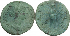 Faustina II, wife of Marcus Aurelius (died 176 AD). AE As. Struck under Marcus Aurelius, 161-176 AD. Obv. FAVSTINA AVGVSTA. Draped bust right, with ha...