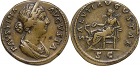 Faustina II, wife of Marcus Aurelius (died 176 AD). AE Sestertius. Struck under Marcus Aurelius, 161-176 AD. Obv. FAVSTINA AVGVSTA. Diademed and drape...