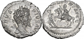 Septimius Severus (193-211). AR Denarius, 202-210 AD. Obv. SEVERVS PIVS AVG. Laureate head right. Rev. ADVENT AVGG. Severus on horseback left, raising...