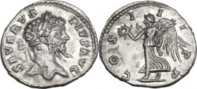 Septimius Severus (193-211). AR Denarius, Laodicea mint. Obv. SEVERVS PIVS AVG. Laureate head right. Rev. COS III PP. Victory advancing left, holding ...