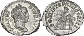 Caracalla (198-217). AR Denarius, 210 AD. Obv. ANTONINVS PIVS AVG. Laureate head right. Rev. PONTIF TR P XIII COS III. Concordia seated left, holding ...