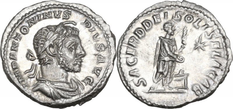 Elagabalus (218-222). AR Denarius. Obv. IMP ANTONINVS PIVS AVG. Laureate,horned ...